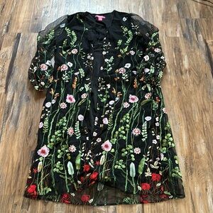 Catherine Malandrino Black Floral Embroidered Long Trench Cardigan